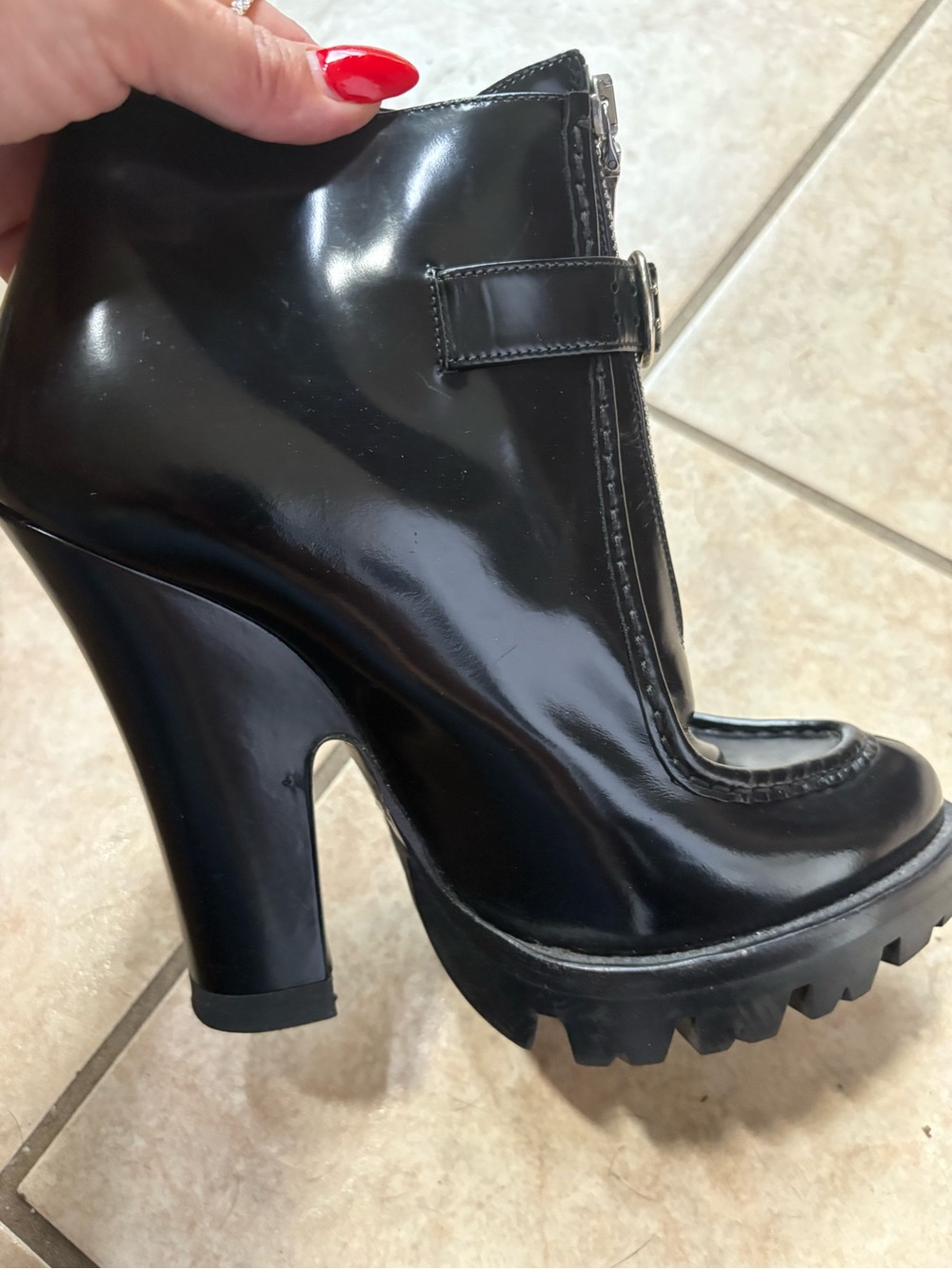 Prada Black Patent Leather Zip & Buckle Ankle Boots - Picture 3 of 9